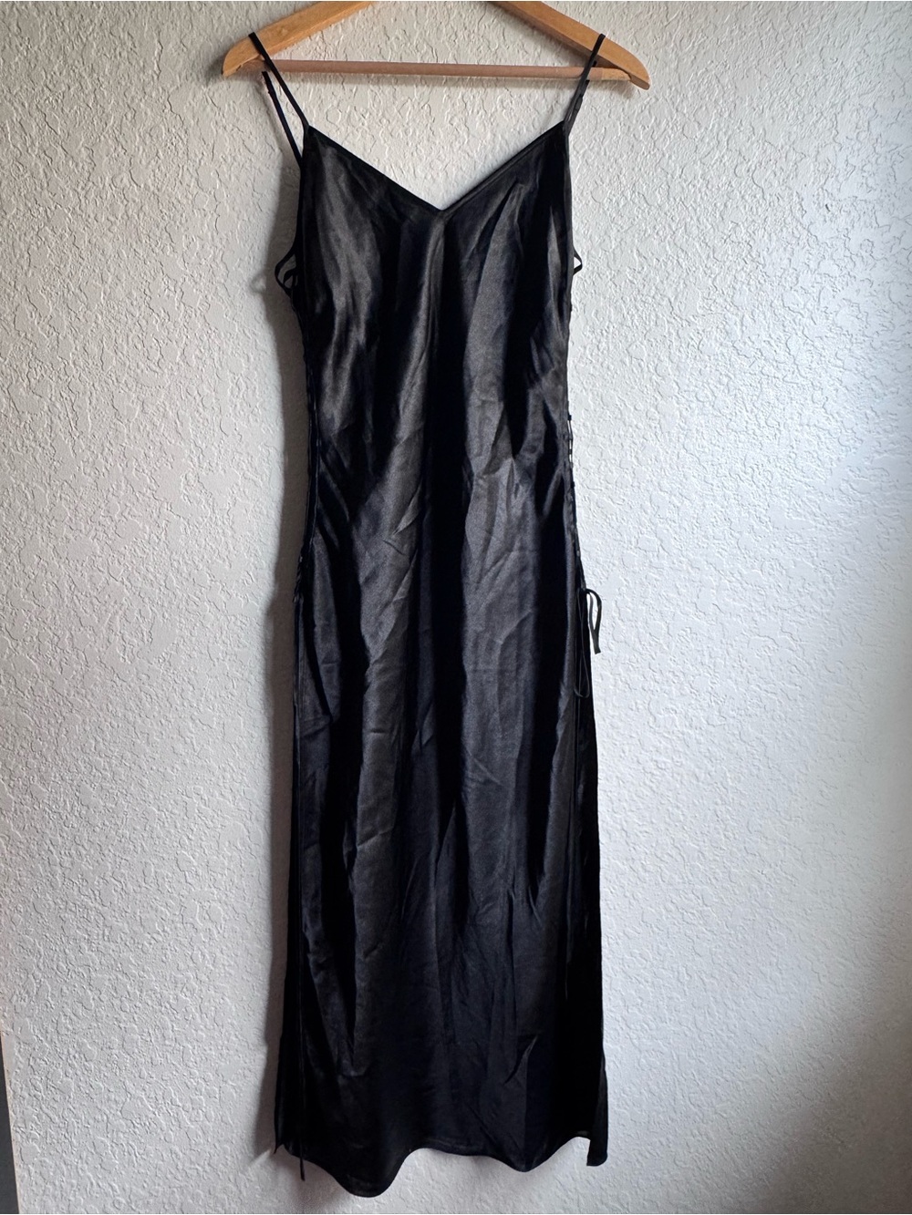 Vtg Y2K Victoria Secret Lace Up Side Satin Maxi Slip Dress Black Medium Goth
